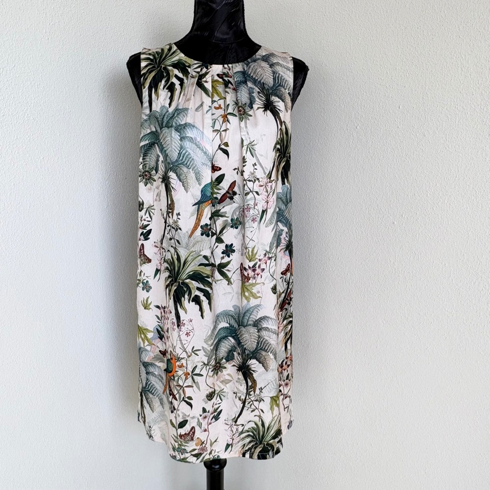 H&M Tropical Bird Floral Sleeveless Shift Dress 6 Multicolor